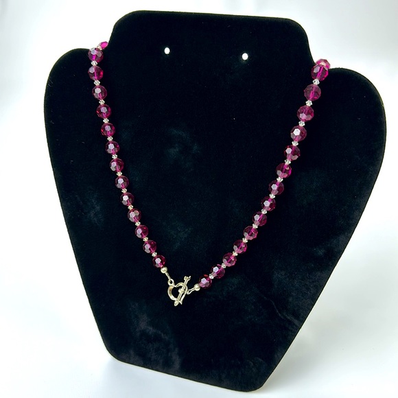 Pink & Clear Faceted Glass Bead Necklace. Heart Shape Toggle Clasp. 20 Inch - Picture 2 of 7